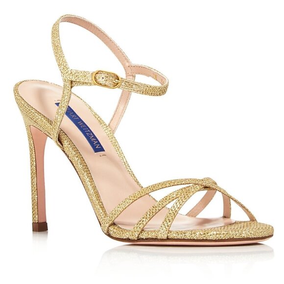 New Stuart Weitzman Gold Starla 80mm Crisscross Metallic Glitter Sandals - Picture 7 of 16
